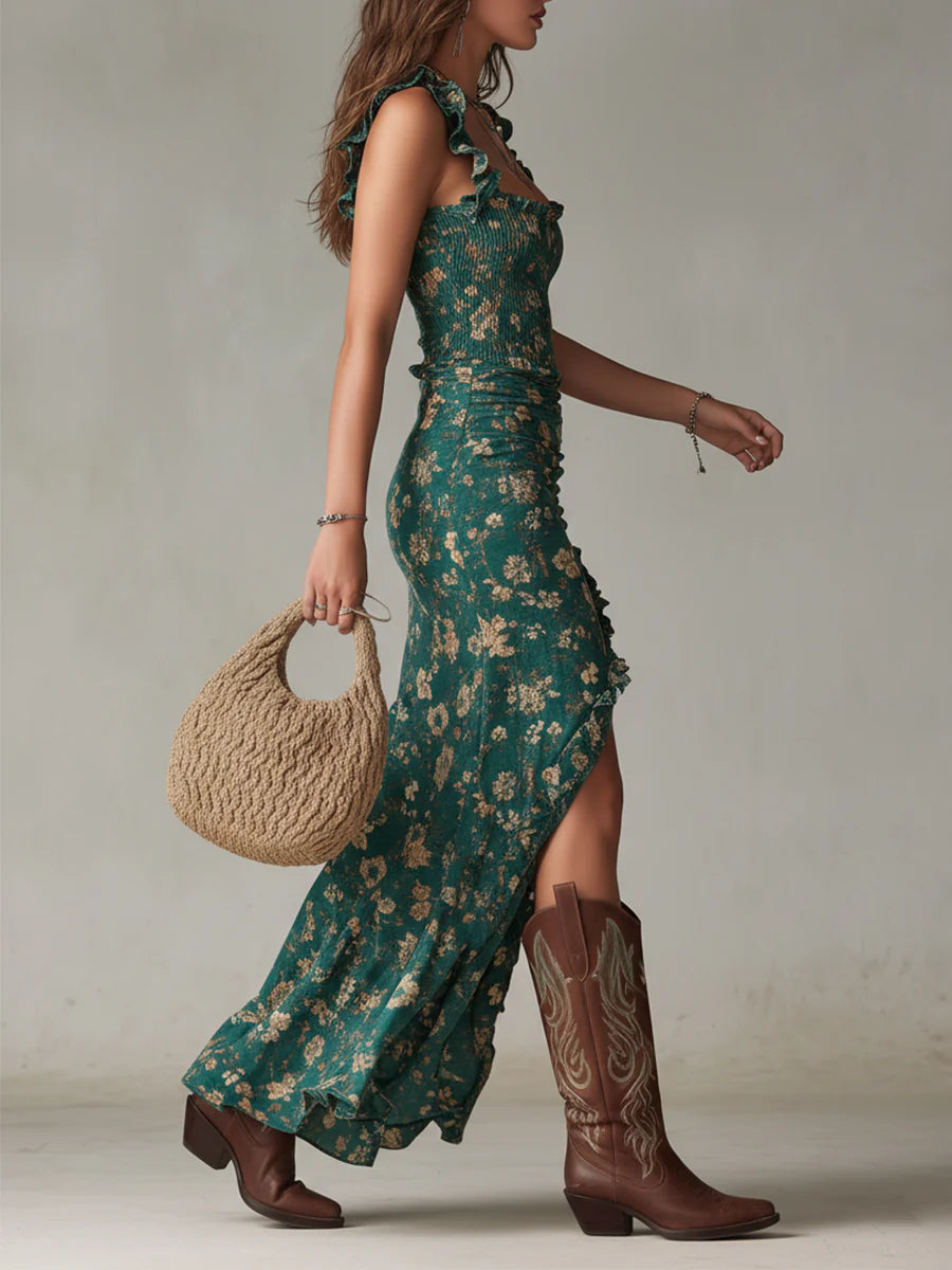 Monique - Bohemian Printed Maxi Dress with Ruffled Sleeves