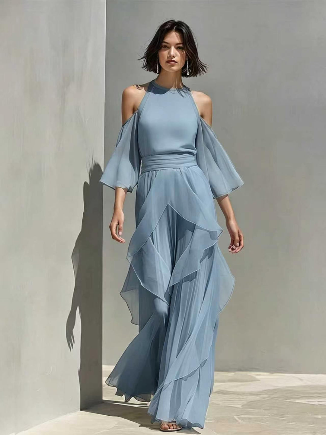 Solene - Cold Shoulder Chiffon Blouse And Wide Leg Pant Set