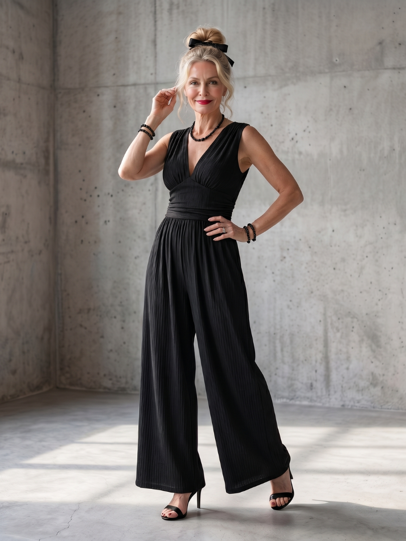 Vincenza - Deep V Waist Defined Wide Leg Jumpsuit