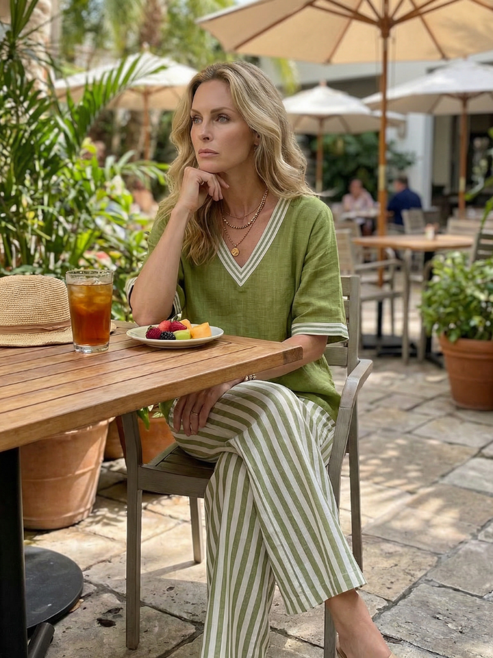 Wren - Contrast V Neck Tunic Stripe Trouser Set