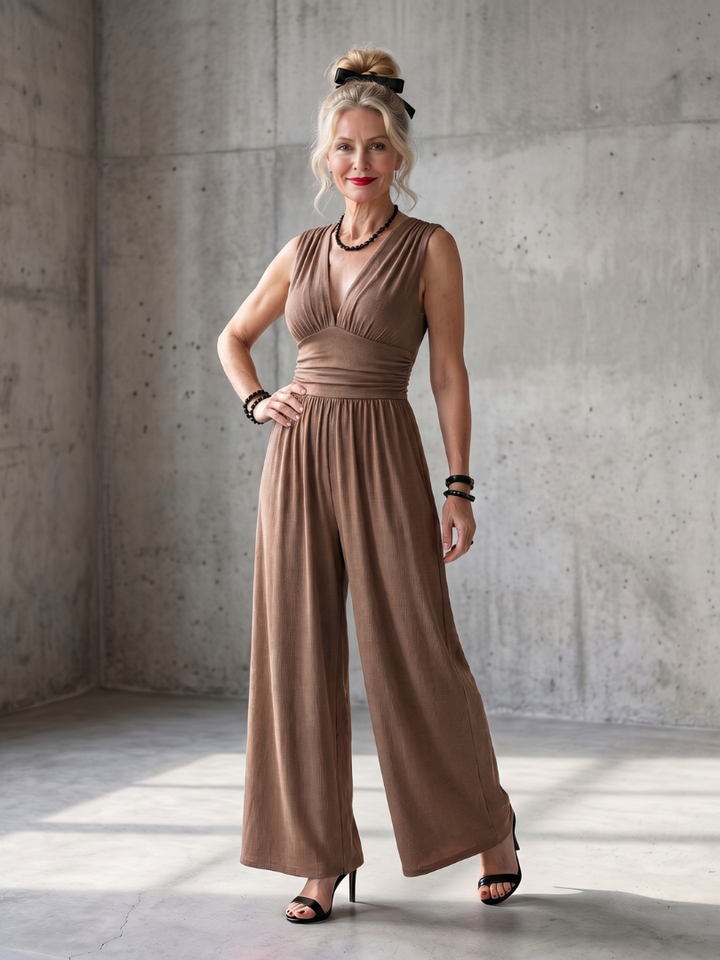 Vincenza - Deep V Waist Defined Wide Leg Jumpsuit