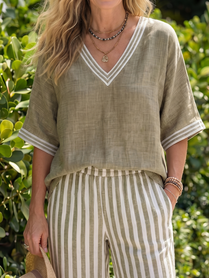 Wren - Contrast V Neck Tunic Stripe Trouser Set