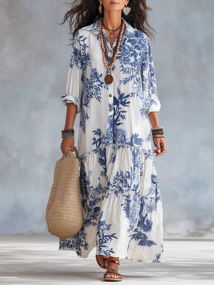 Dahlia™ - Bohemian Blue Floral Button-Down Tiered Maxi Dress