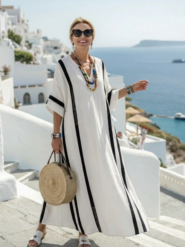 Elvienne - Short Sleeve Color Block Striped Dress