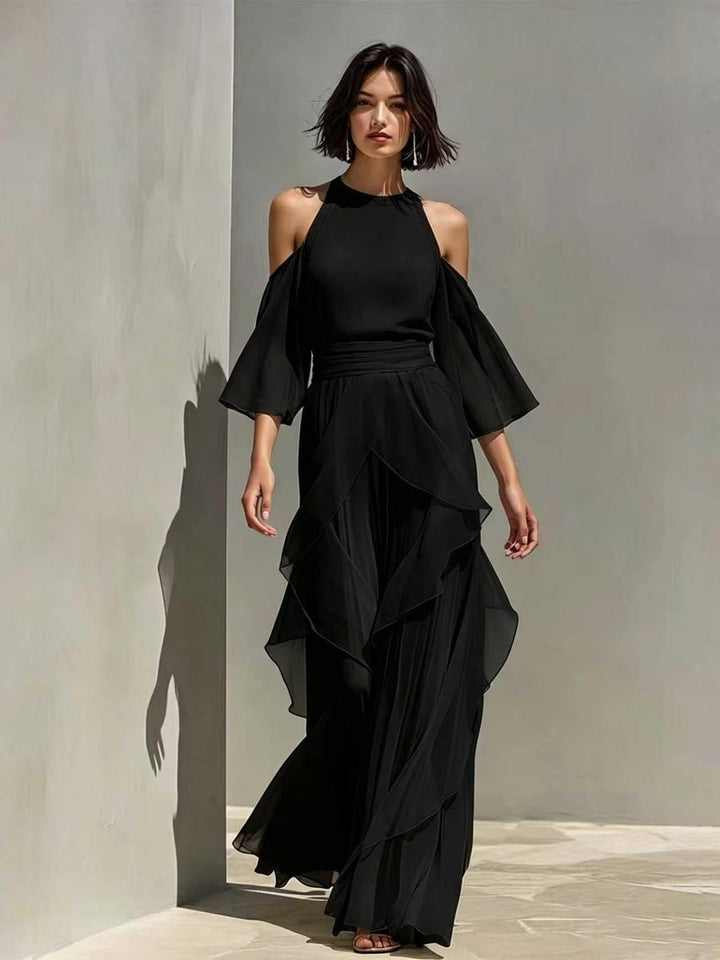 Solene - Cold Shoulder Chiffon Blouse And Wide Leg Pant Set