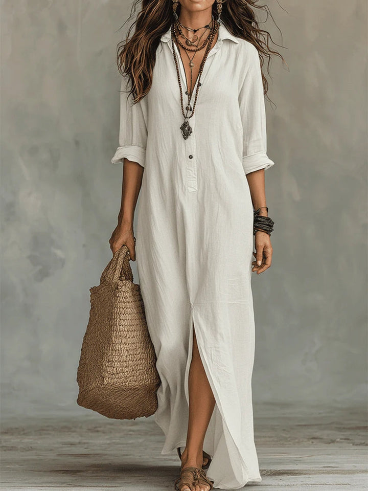 Soline™ - Loose Black Maxi Dress with Buttons