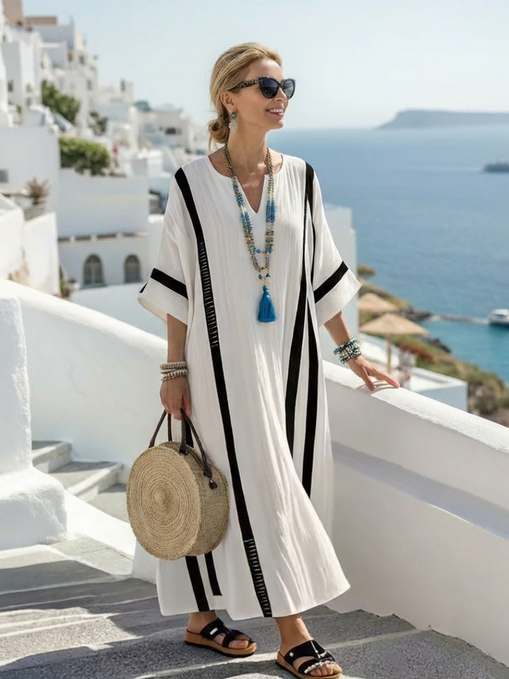 Elvienne - Short Sleeve Color Block Striped Dress
