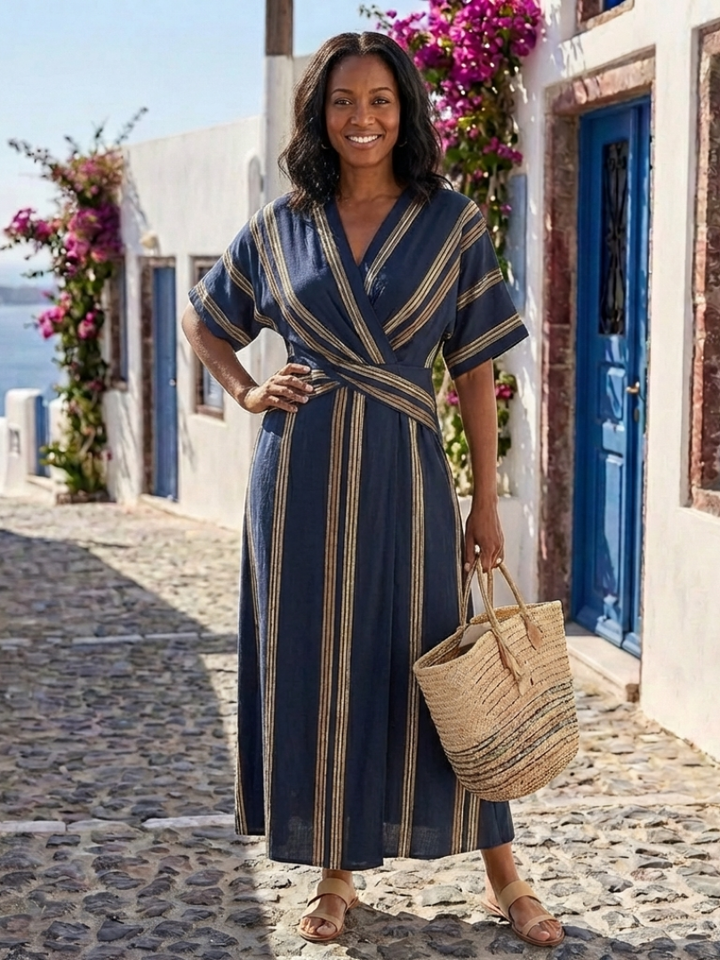 Saphira - V Neck Short Sleeve Striped Wrap Midi Dress
