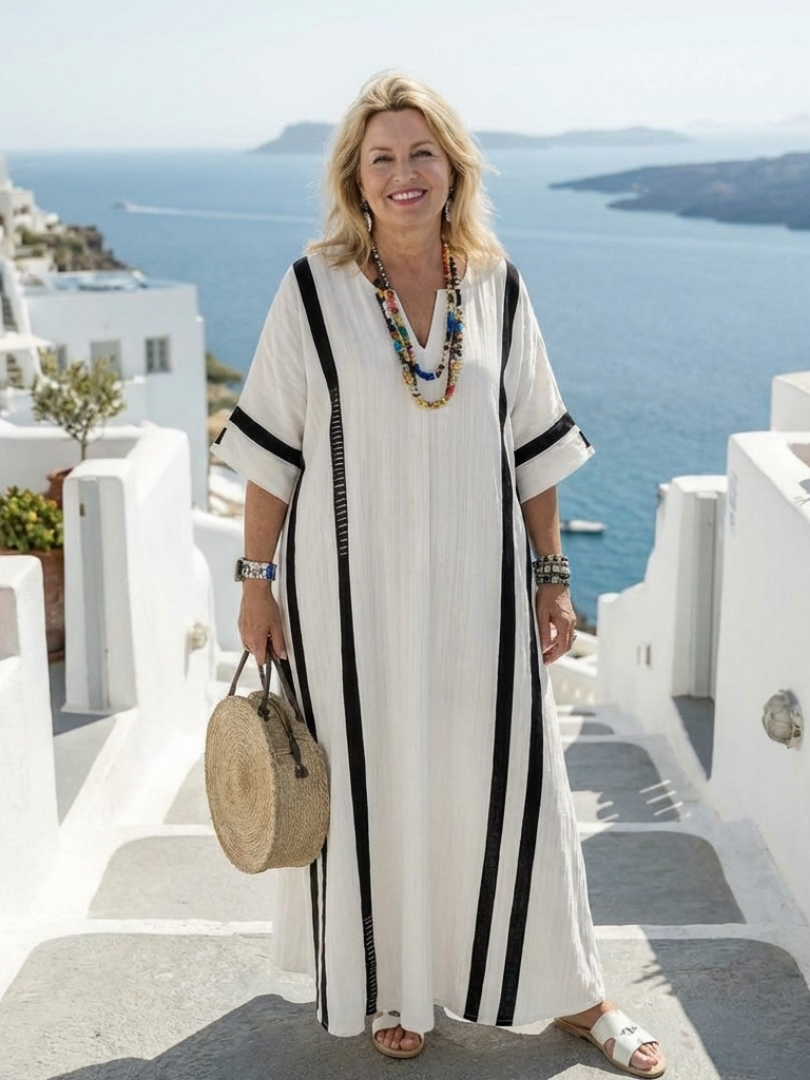 Elvienne - Short Sleeve Color Block Striped Dress