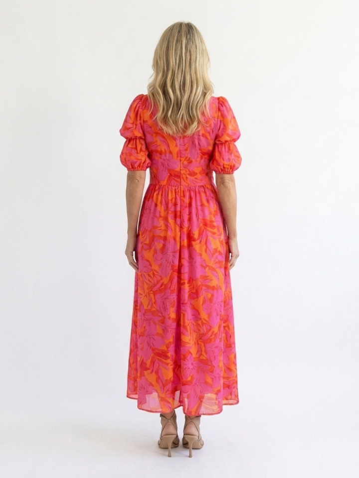 Willow™ - Floral V Neck Puff Sleeve Midi Dress