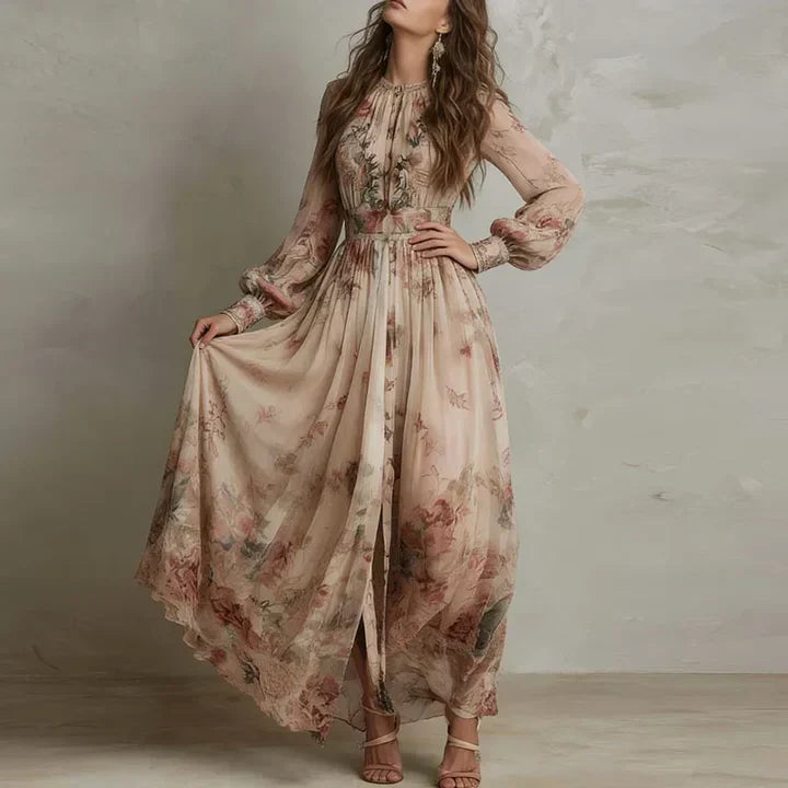 Amelia™ - Vintage Floral High-Waist Maxi Dress
