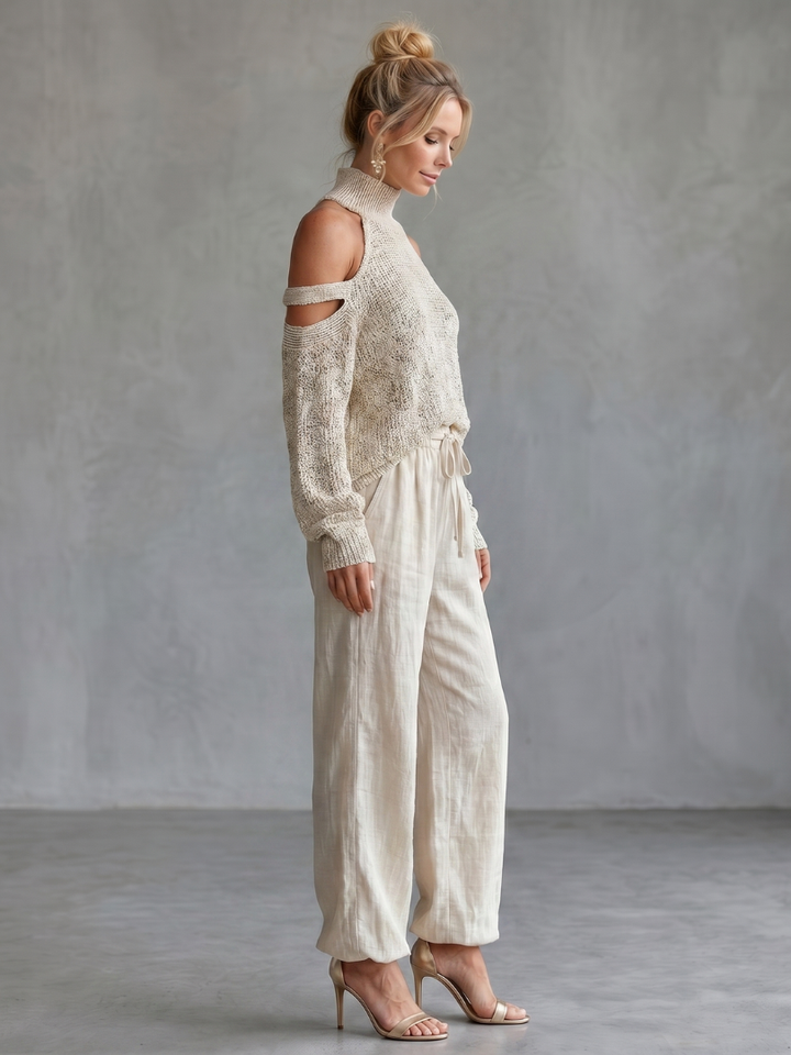 Questa - Open Shoulder Knit Top And Wide Leg Pants Set