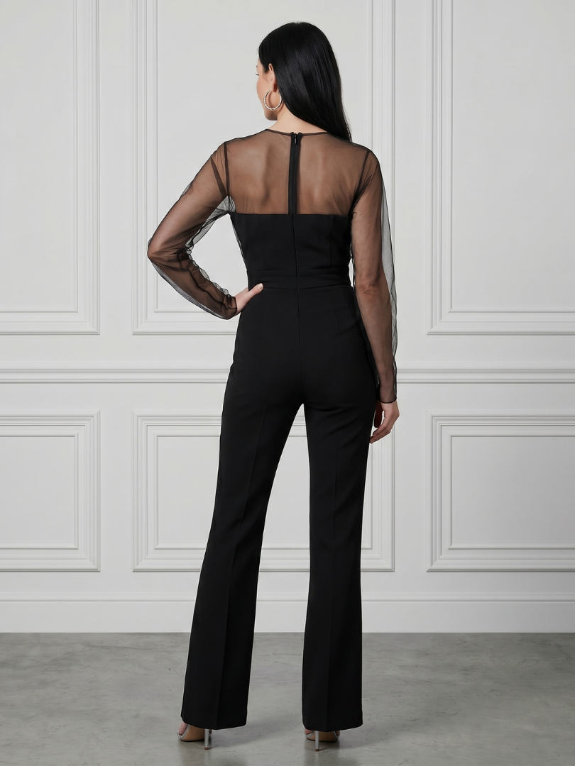 Oksana - Sheer Fitted Bodice Flared Leg Jumpsuit