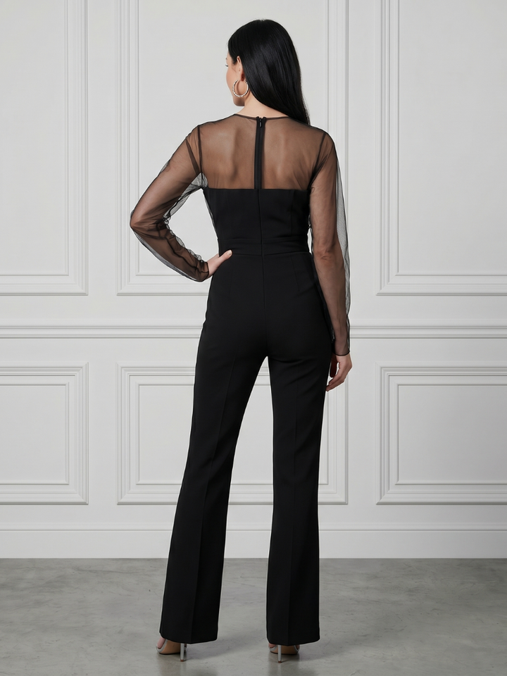 Oksana - Sheer Fitted Bodice Flared Leg Jumpsuit