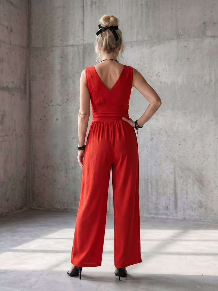 Vincenza - Deep V Waist Defined Wide Leg Jumpsuit