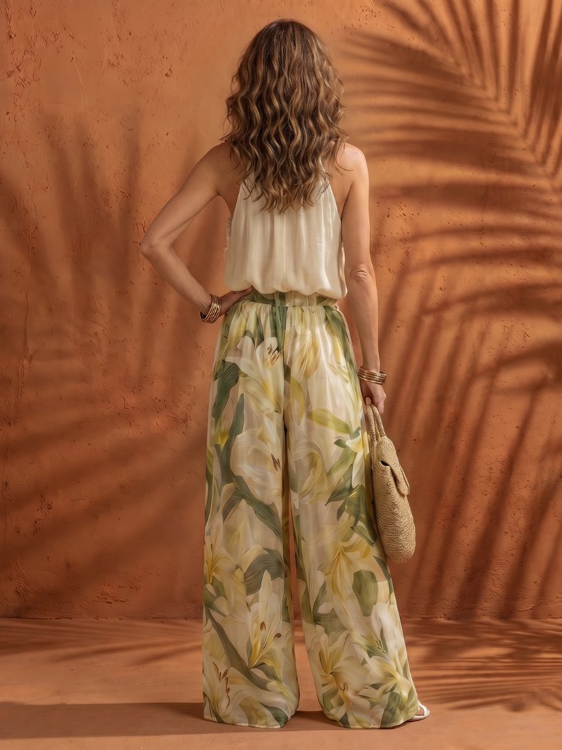 Solange - Halter Neck Blouse Floral Wide Leg Set