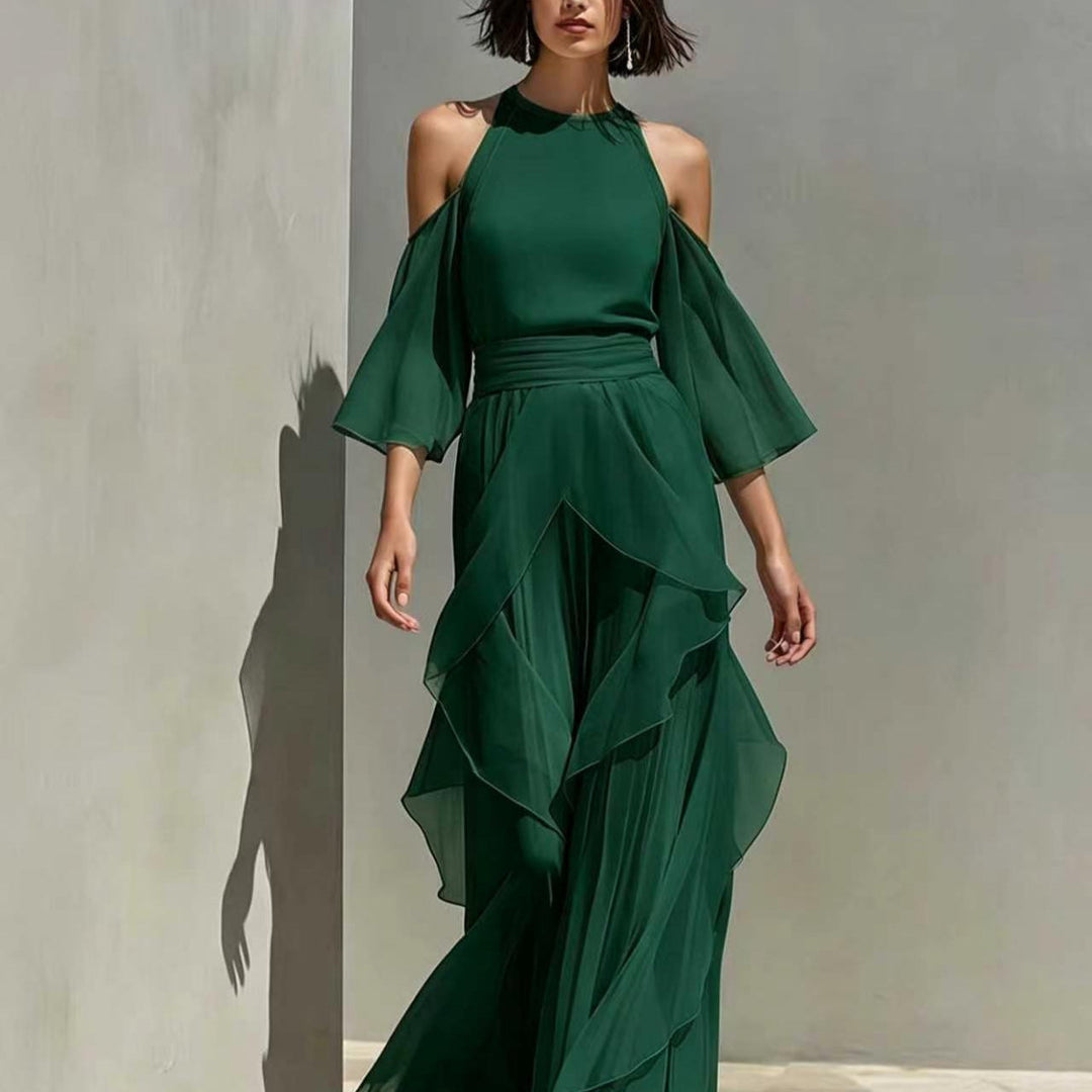 Solene - Cold Shoulder Chiffon Blouse And Wide Leg Pant Set