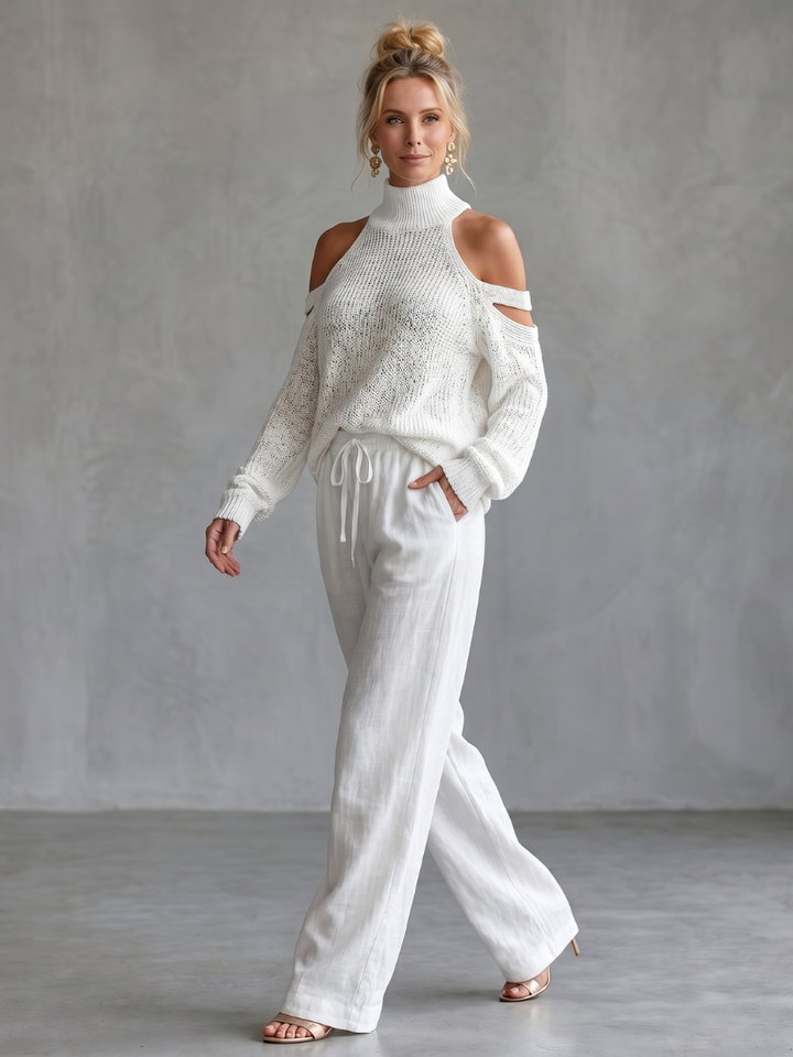 Questa - Open Shoulder Knit Top And Wide Leg Pants Set
