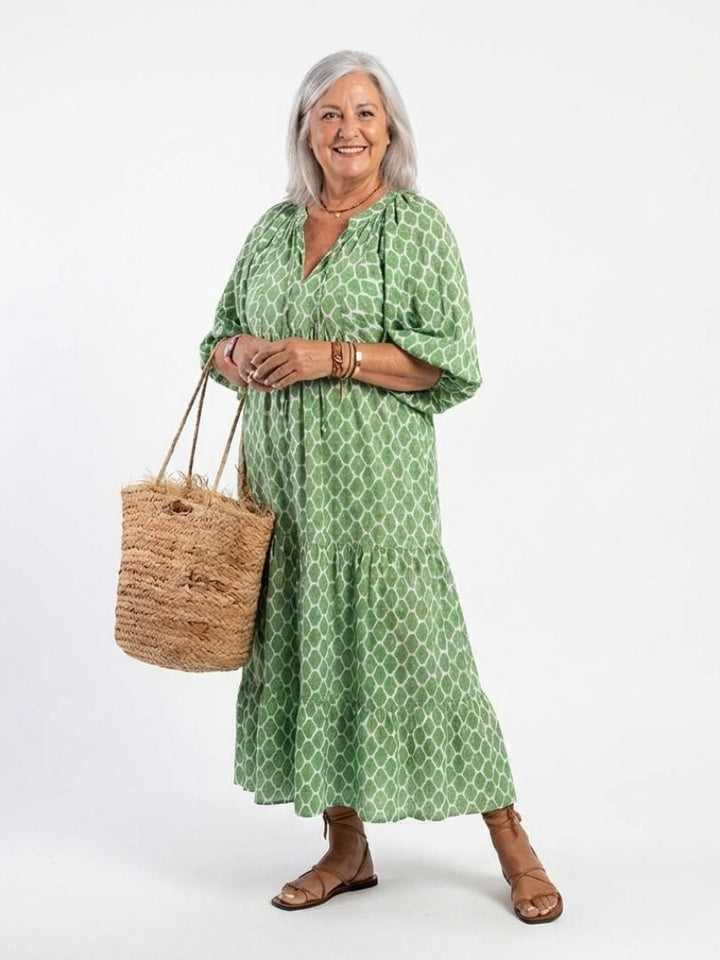 Apolline™ - Three Quarter Sleeve V Neck Patterned Midi Dress