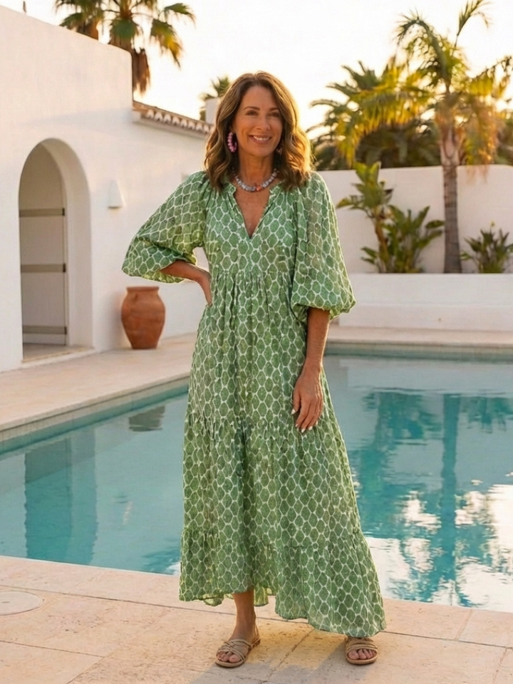 Apolline™ - Three Quarter Sleeve V Neck Patterned Midi Dress