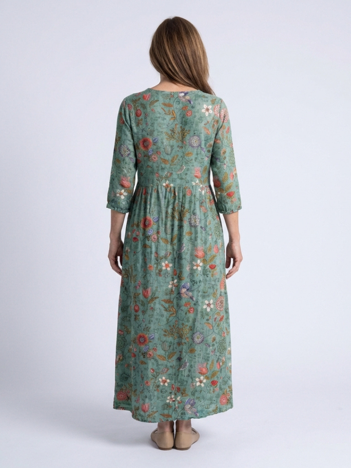 Marina™ - Floral V Neck Three Quarter Sleeve Maxi Dress