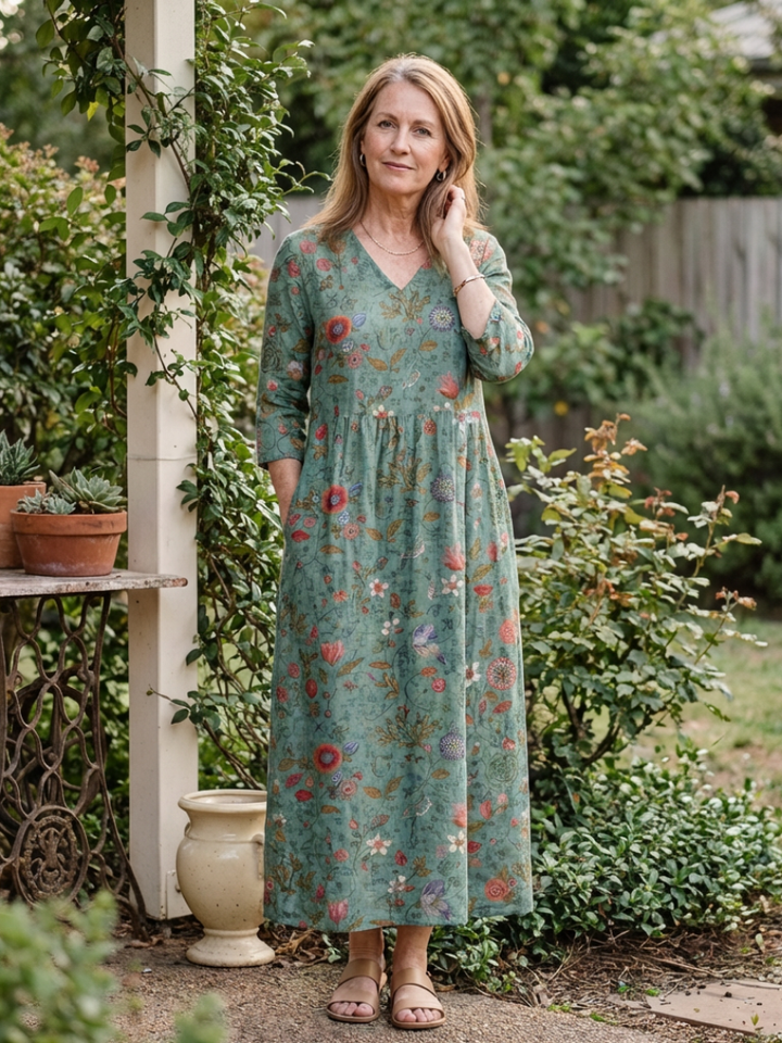 Marina™ - Floral V Neck Three Quarter Sleeve Maxi Dress