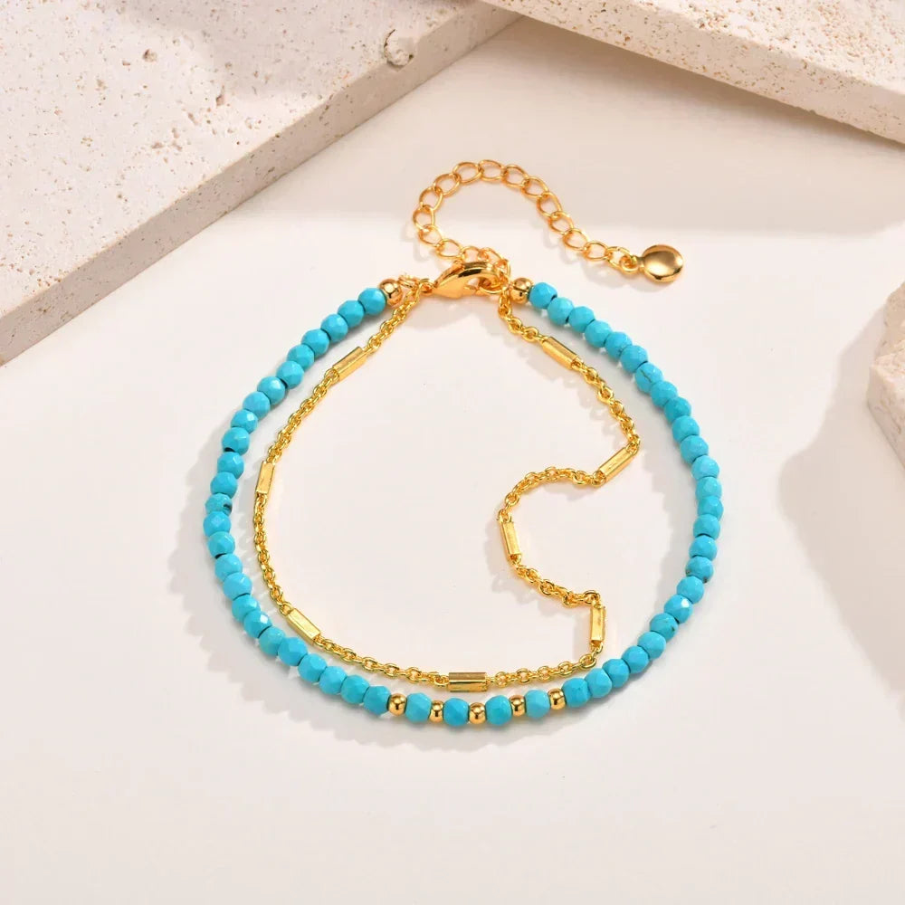 Gold Double Chain Turquoise Bracelet