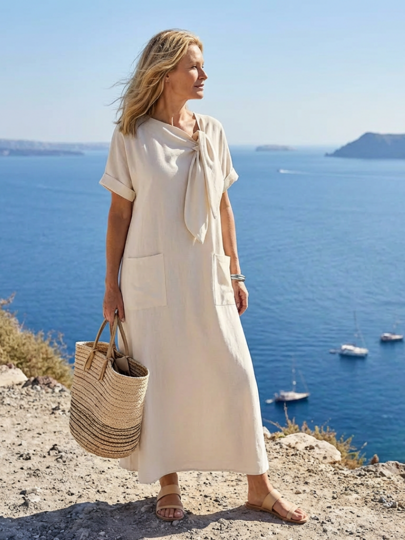 Elowyn - Round Neck Short Sleeve Pocket Dress