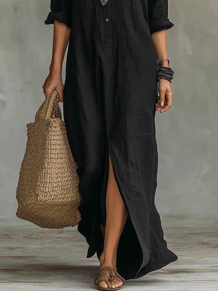 Soline™ - Loose Black Maxi Dress with Buttons