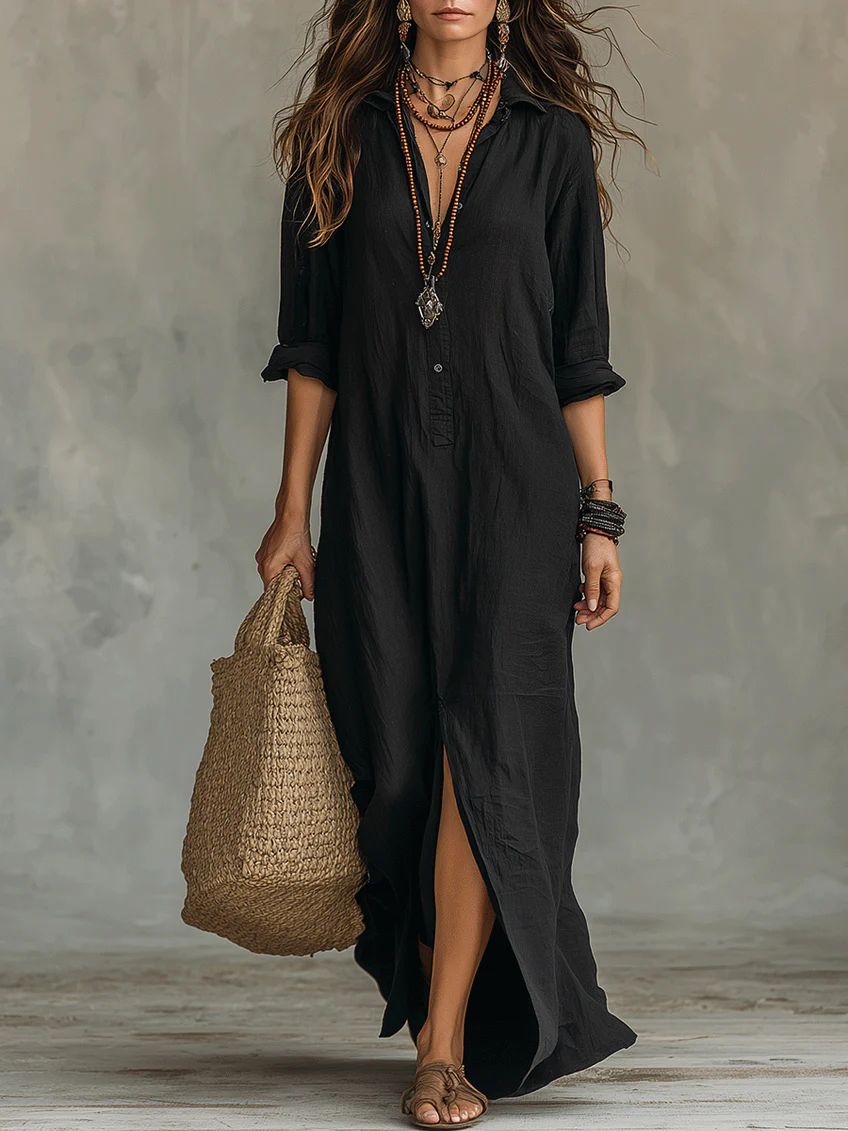 Soline™ - Loose Black Maxi Dress with Buttons