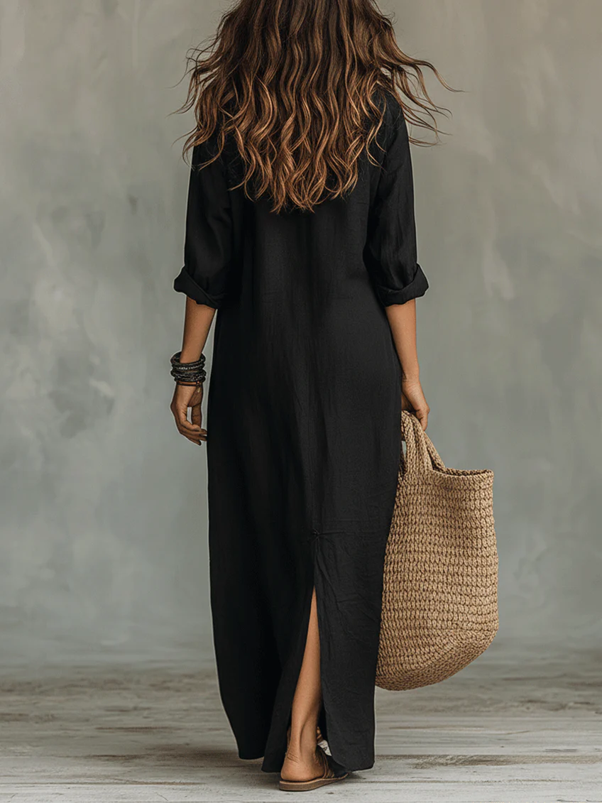Soline™ - Loose Black Maxi Dress with Buttons