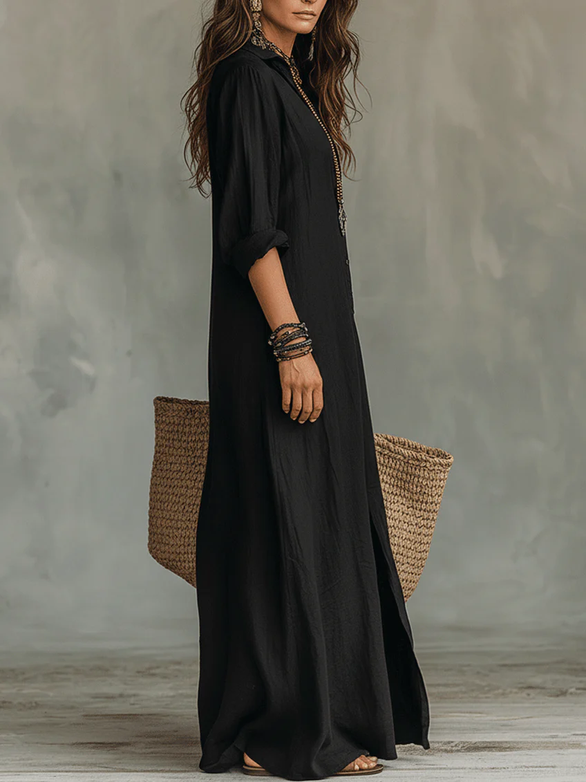 Soline™ - Loose Black Maxi Dress with Buttons