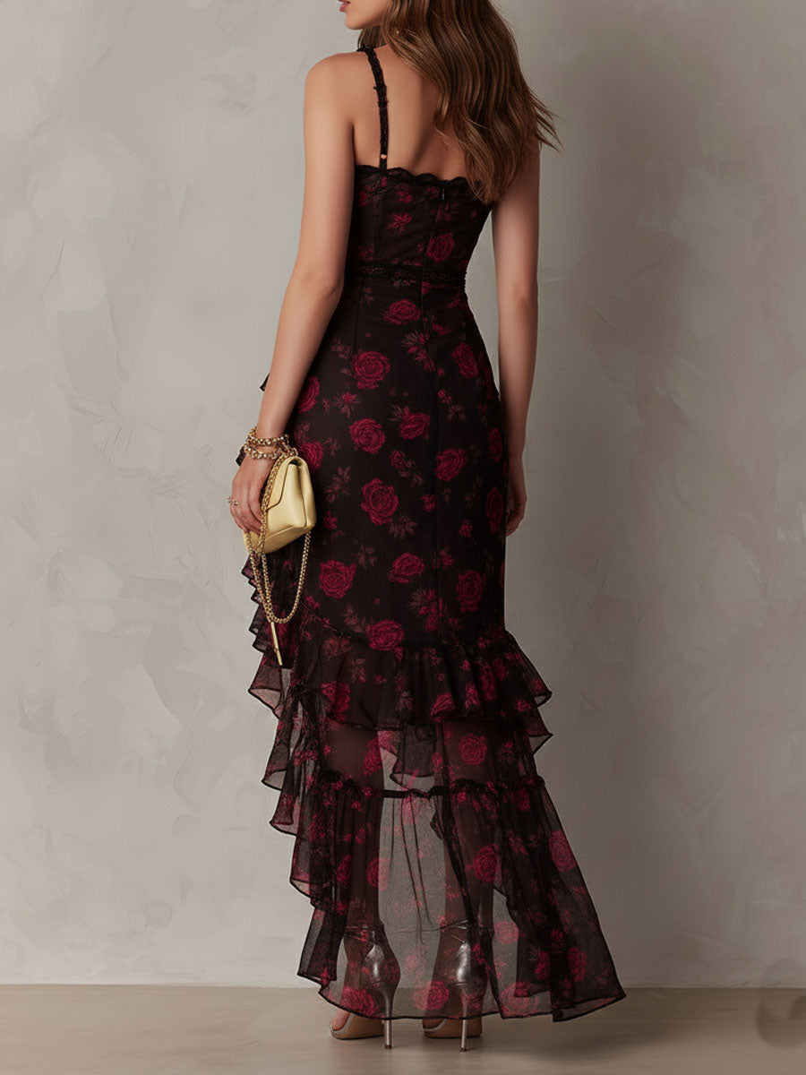 Lowe™ - Floral Ruched Ruffle Hem Dress