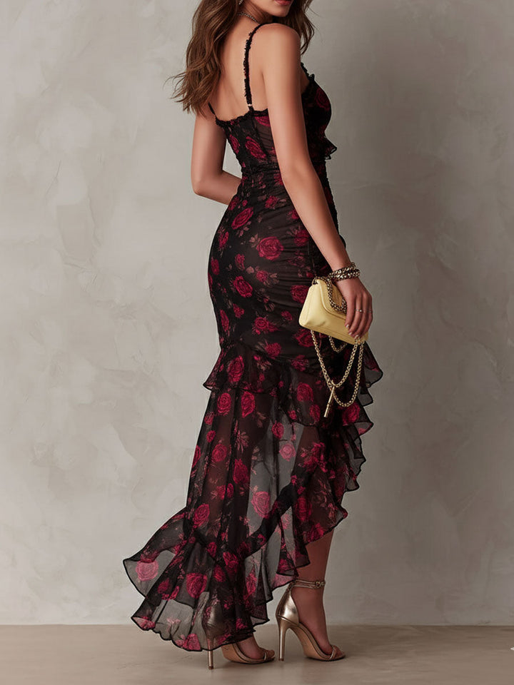 Lowe™ - Floral Ruched Ruffle Hem Dress