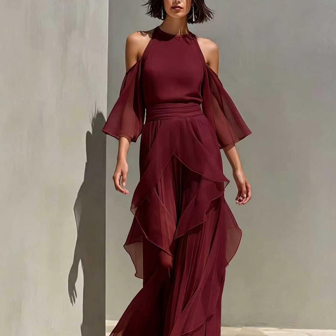Solene - Cold Shoulder Chiffon Blouse And Wide Leg Pant Set