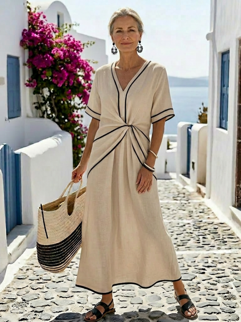 Linnea - V Neck Short Sleeve Gathered Waist Midi Dress
