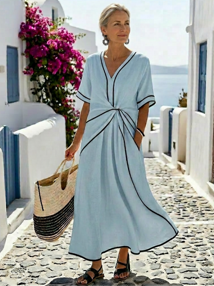 Linnea - V Neck Short Sleeve Gathered Waist Midi Dress