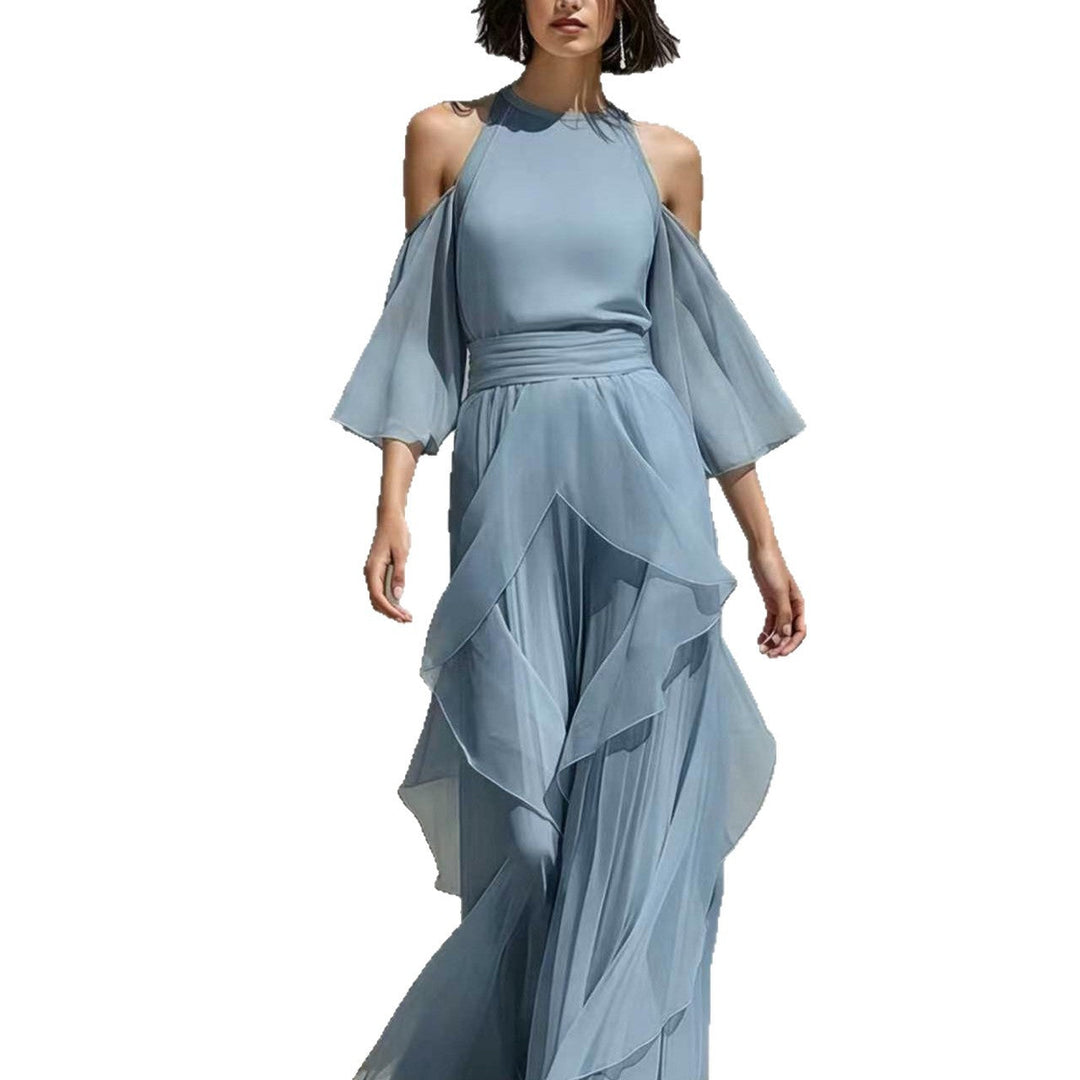 Solene - Cold Shoulder Chiffon Blouse And Wide Leg Pant Set