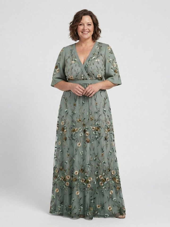 Evadne™ - Floral V Neck Short Sleeve Maxi Dress