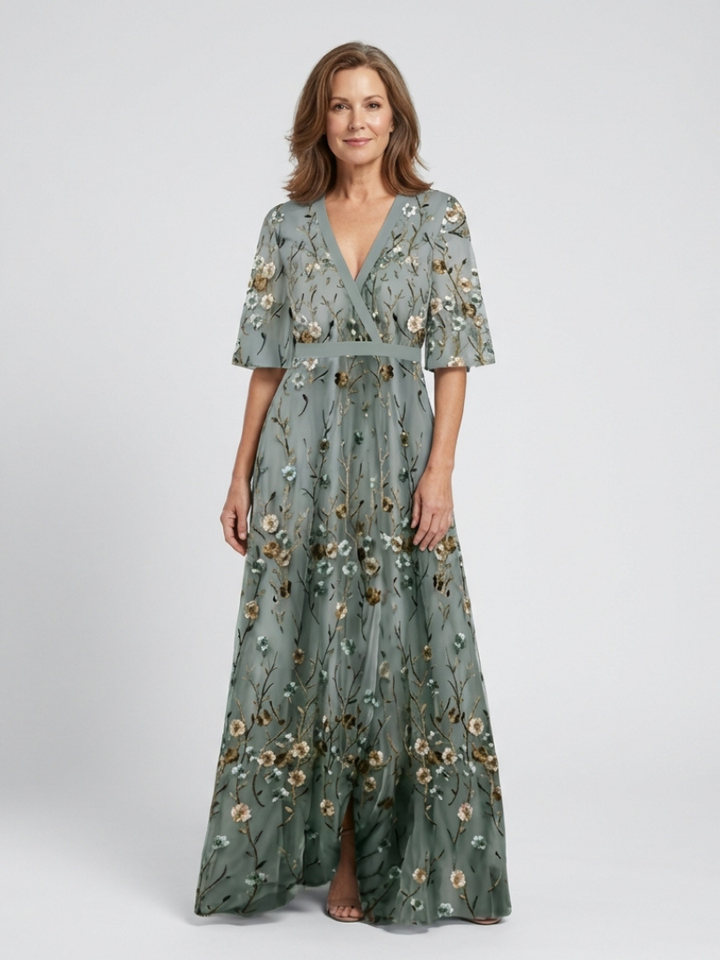 Violet - Floral V Neck Short Sleeve Maxi Dress