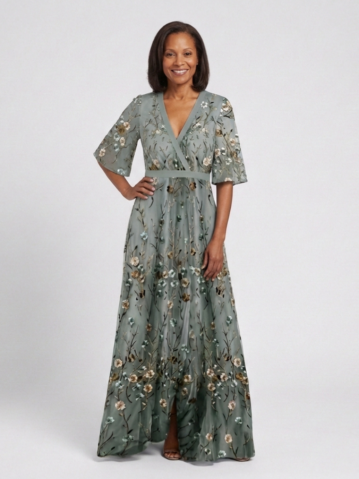 Evadne™ - Floral V Neck Short Sleeve Maxi Dress