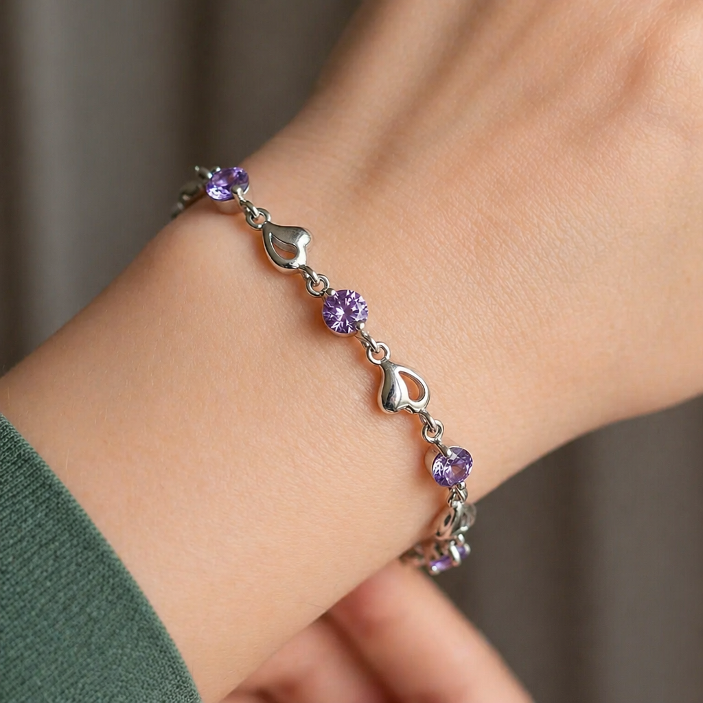 Heart Charm Amethyst White Gold Bracelet