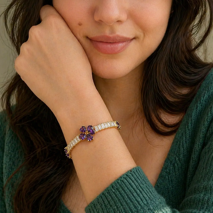 Amethyst Clover Heart Gold Bracelet